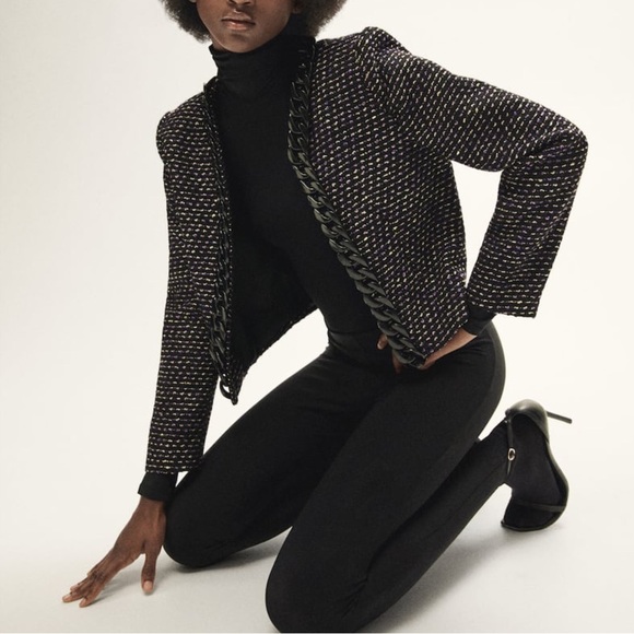 MANGO NWT Black Purple Gold Tweed Chain Trim Open Blazer Cropped